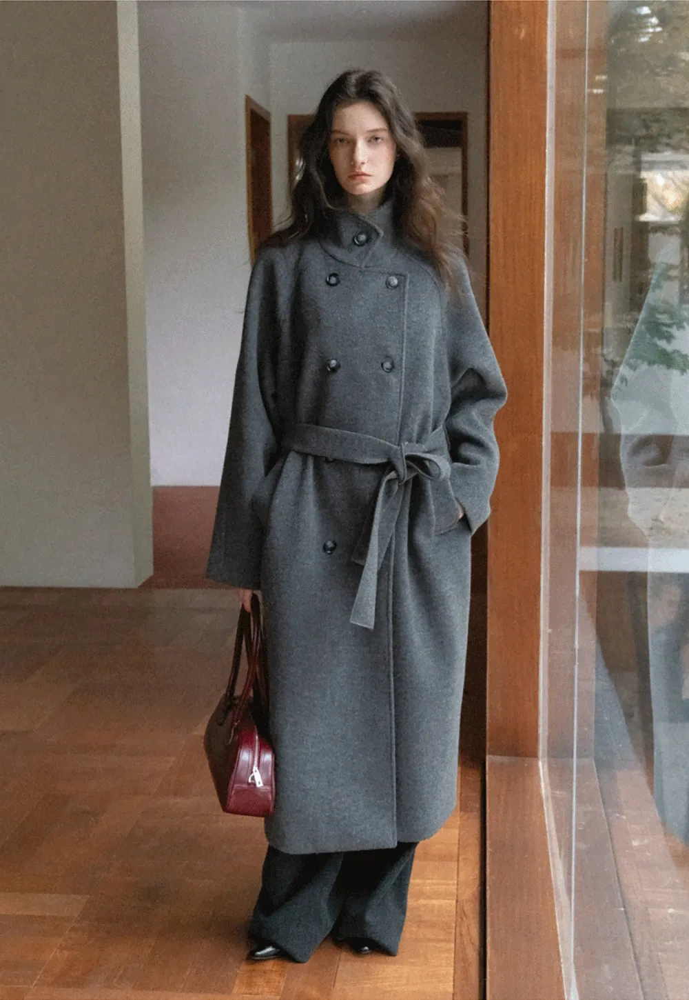 Women Classic Wool Coat with Button Details and Waist Belt