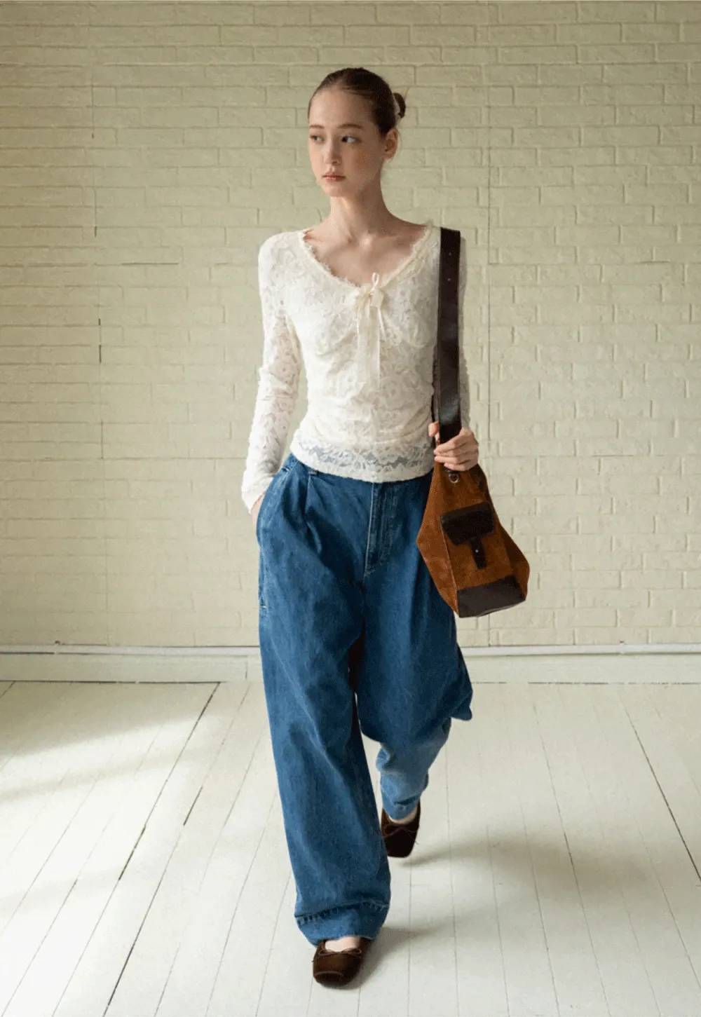 V-Neck Lace Jacquard Bow Top