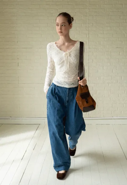 V-Neck Lace Jacquard Bow Top