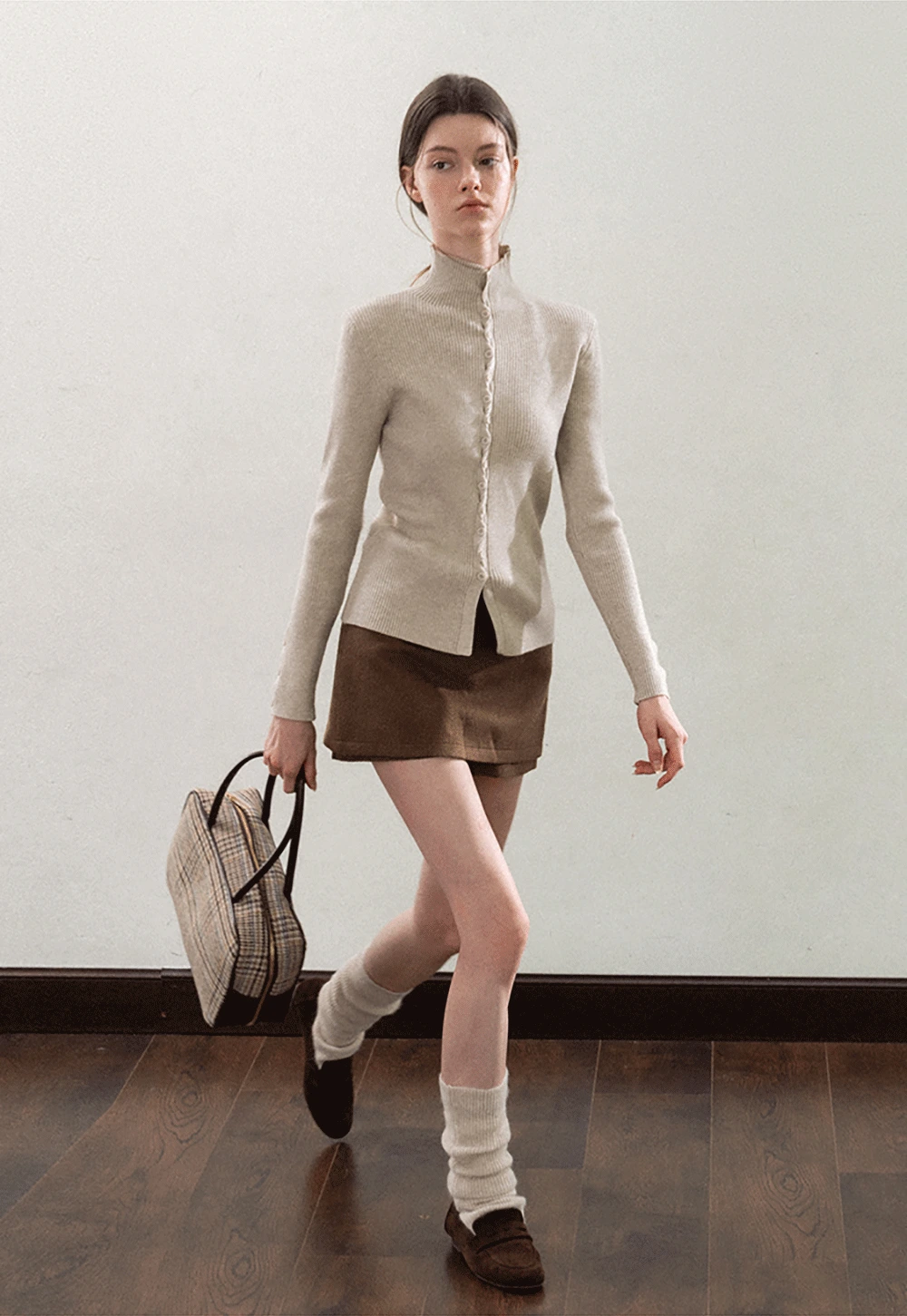 Stand-Collar Twist Button Knit Top