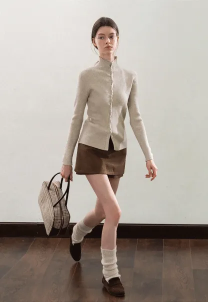 Stand-Collar Twist Button Knit Top