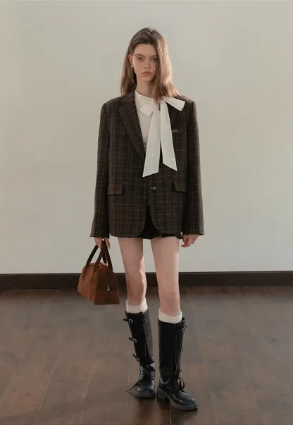 Women Classic Plaid Blazer Jacket for Office Wear