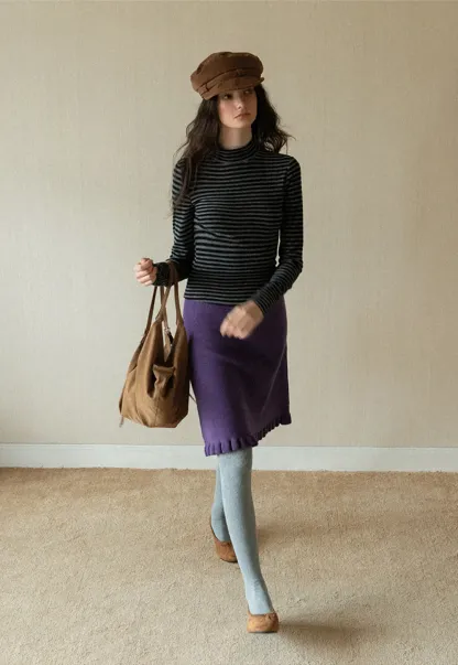 Striped Mock Neck Slim Long Sleeve Tee