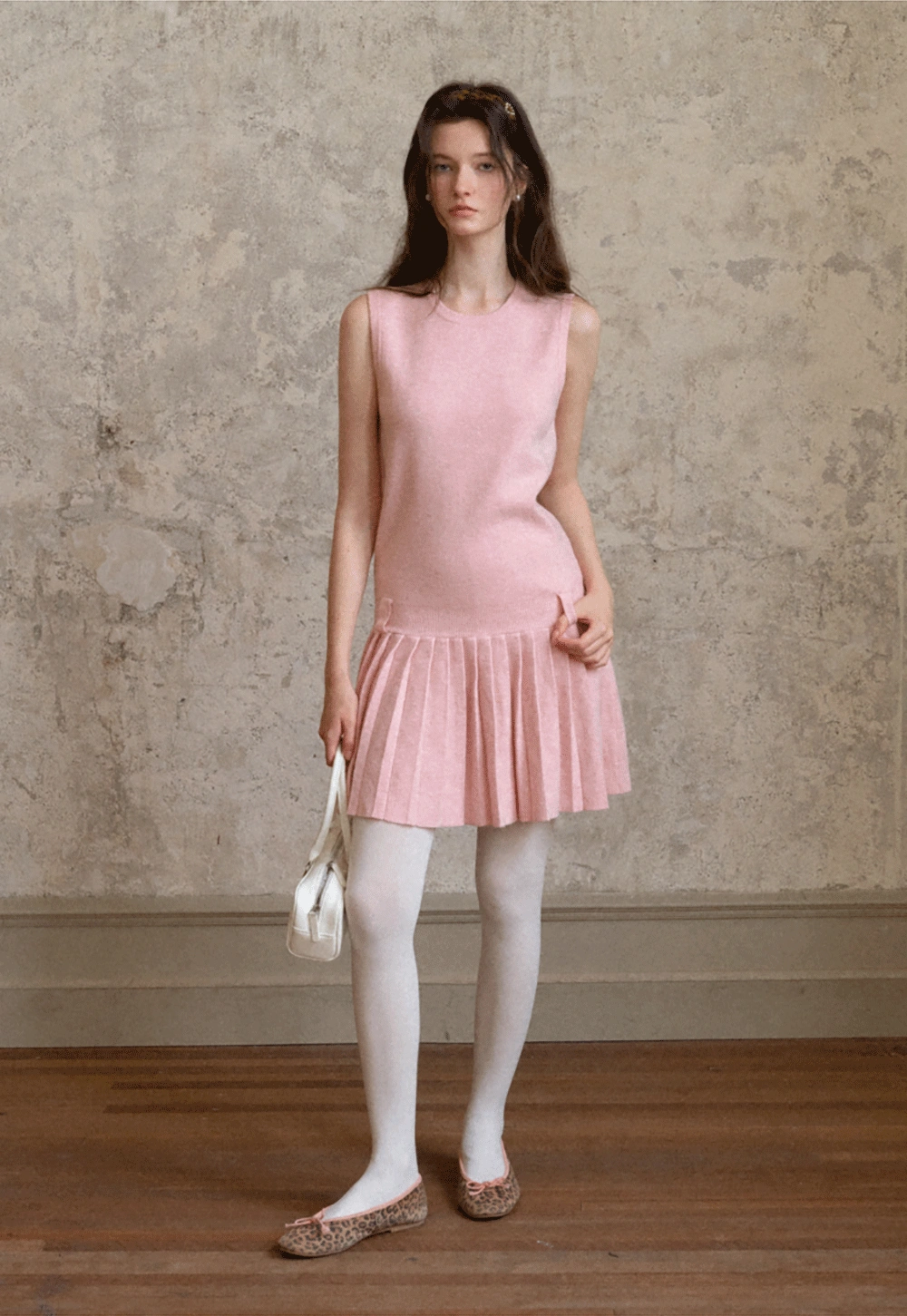 Elegant Pleated Skirt Dress with Knit Cardigan