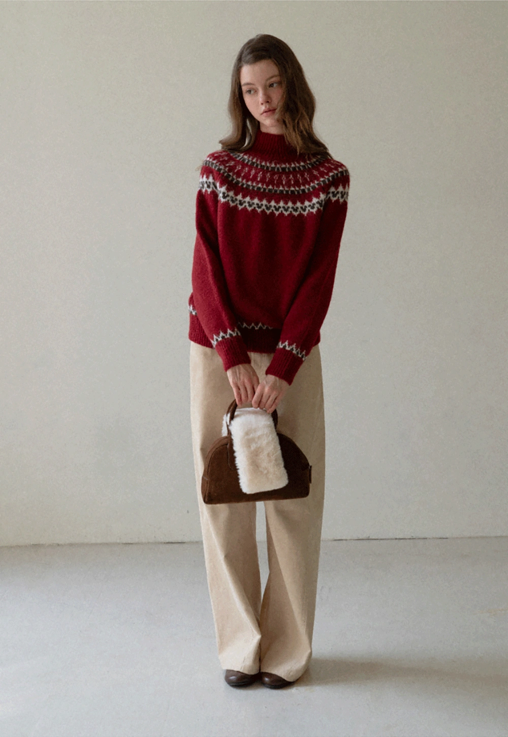 Red Knit Sweater with Fair Isle Pattern
