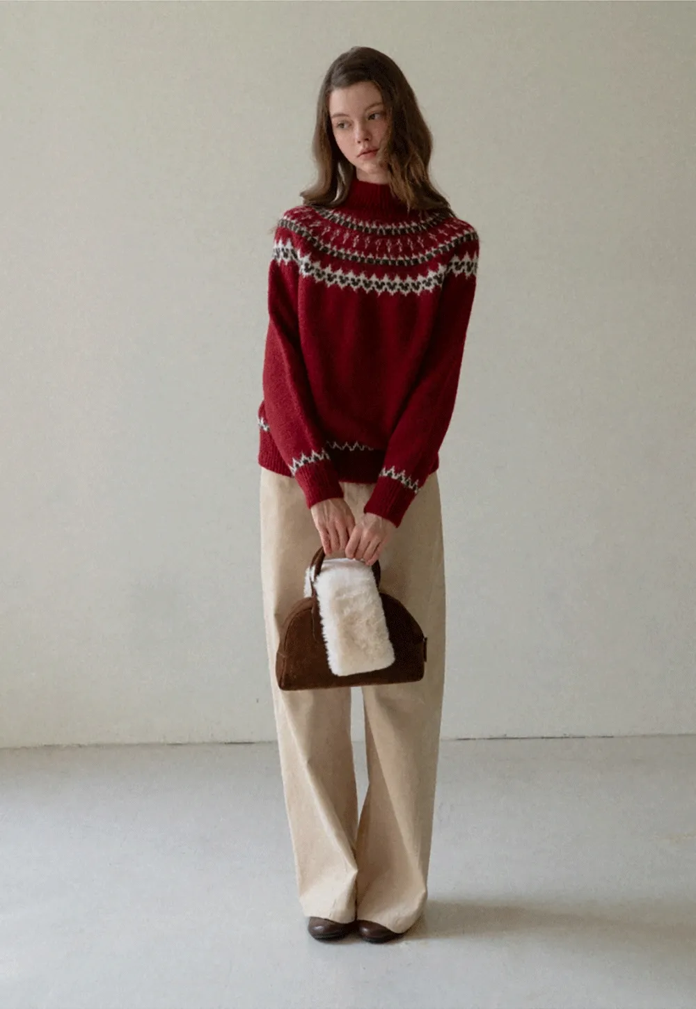 Red Knit Sweater with Fair Isle Pattern