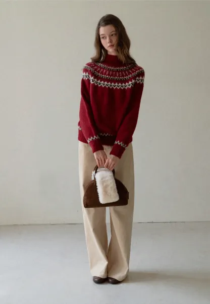 Red Knit Sweater with Fair Isle Pattern