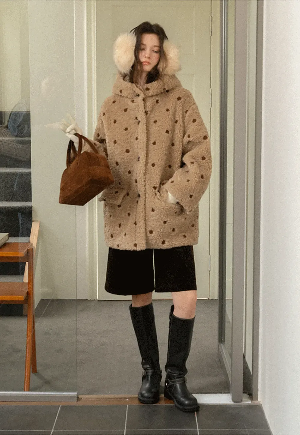 Polka Dot Teddy Fleece Hooded Coat