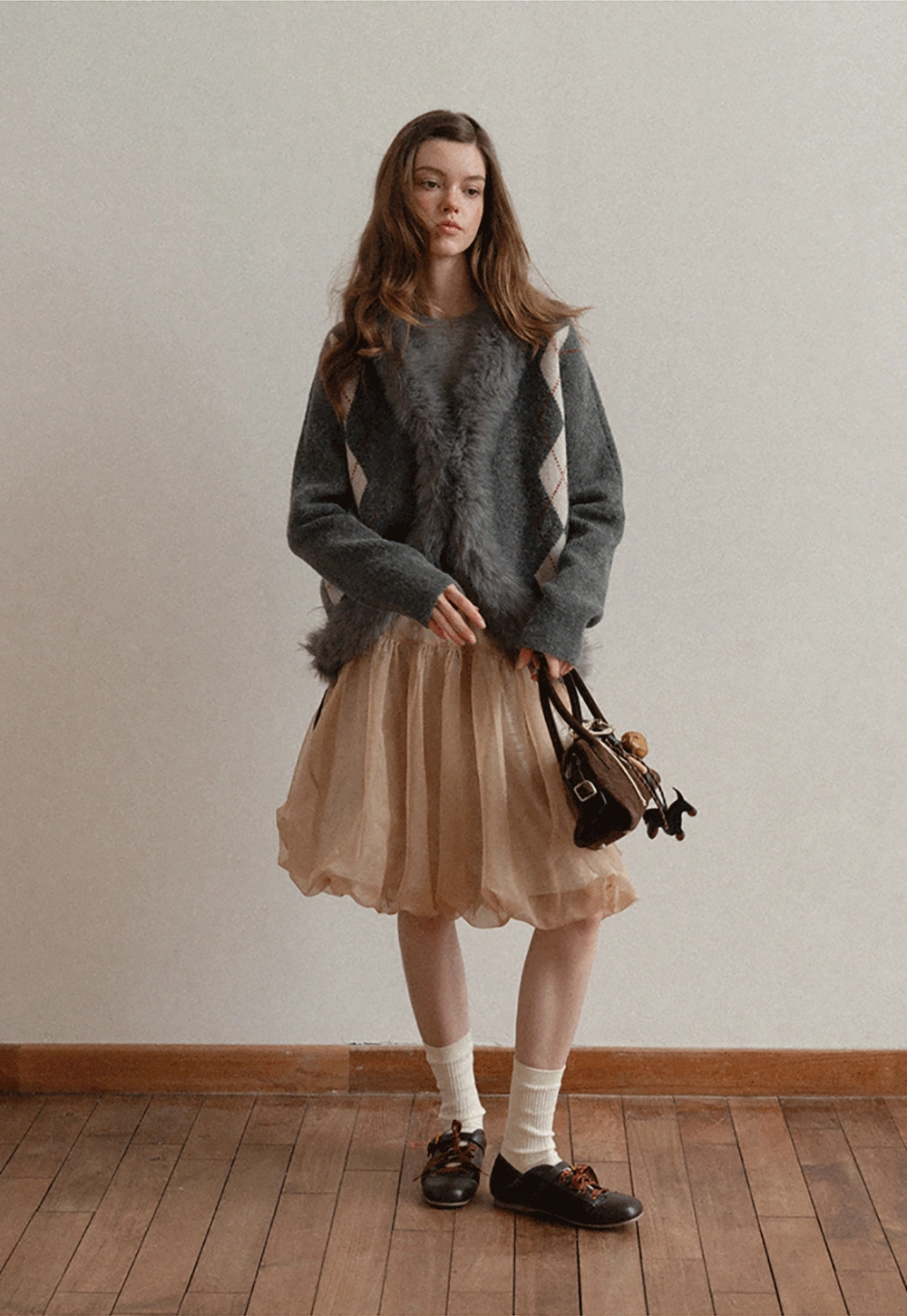 Patterned Sweater Cardigan with Fur Trim