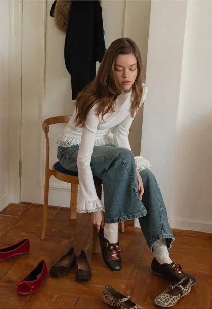 Women White Lace Trim Mock Neck Long Sleeve Top