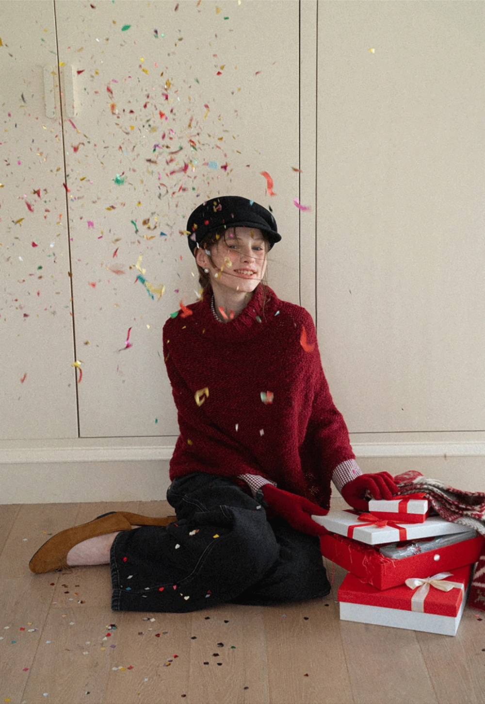 Soft Red Knitted Poncho with Turtleneck