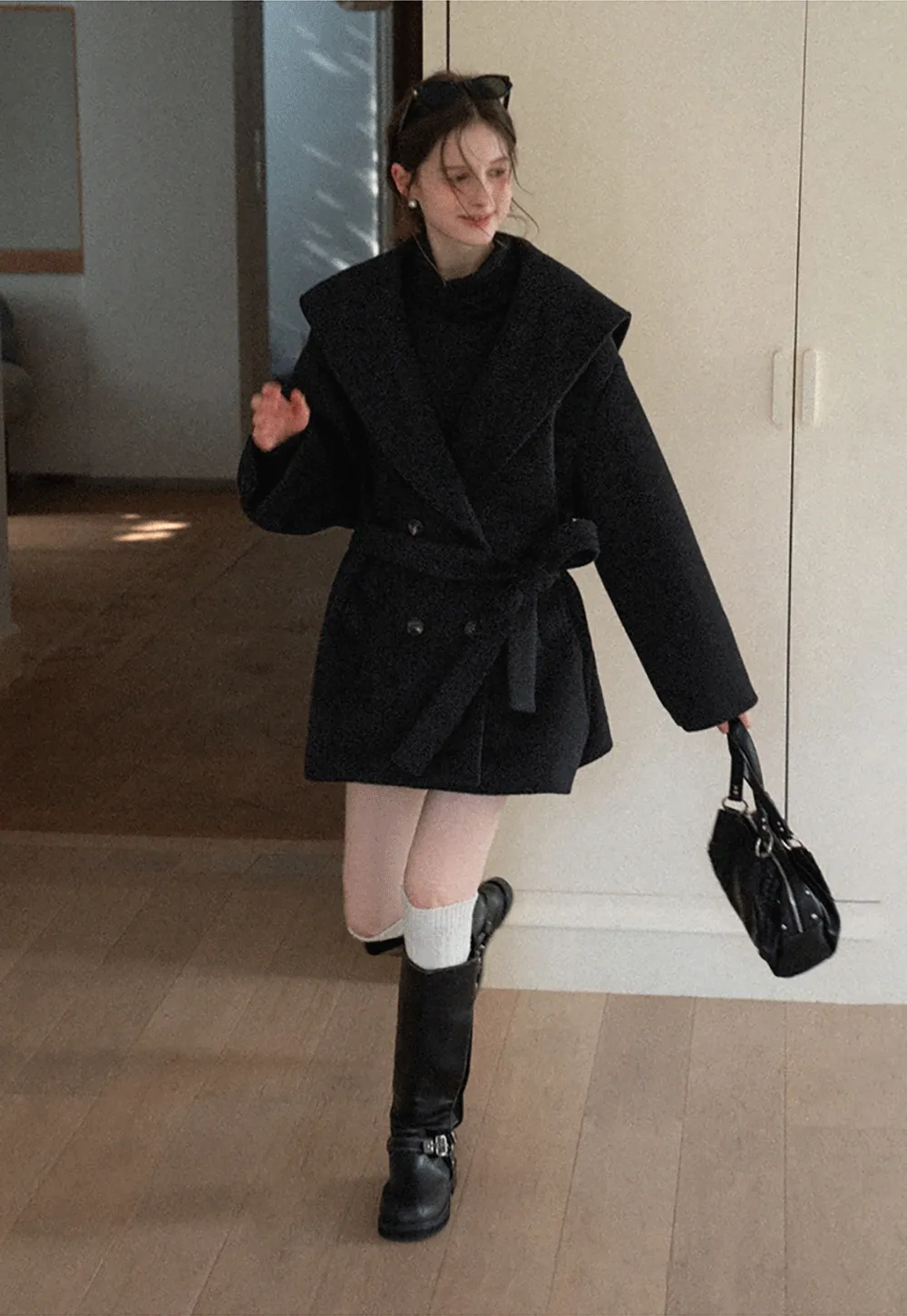 Cozy Black Oversized Coat with Knee-High Boots