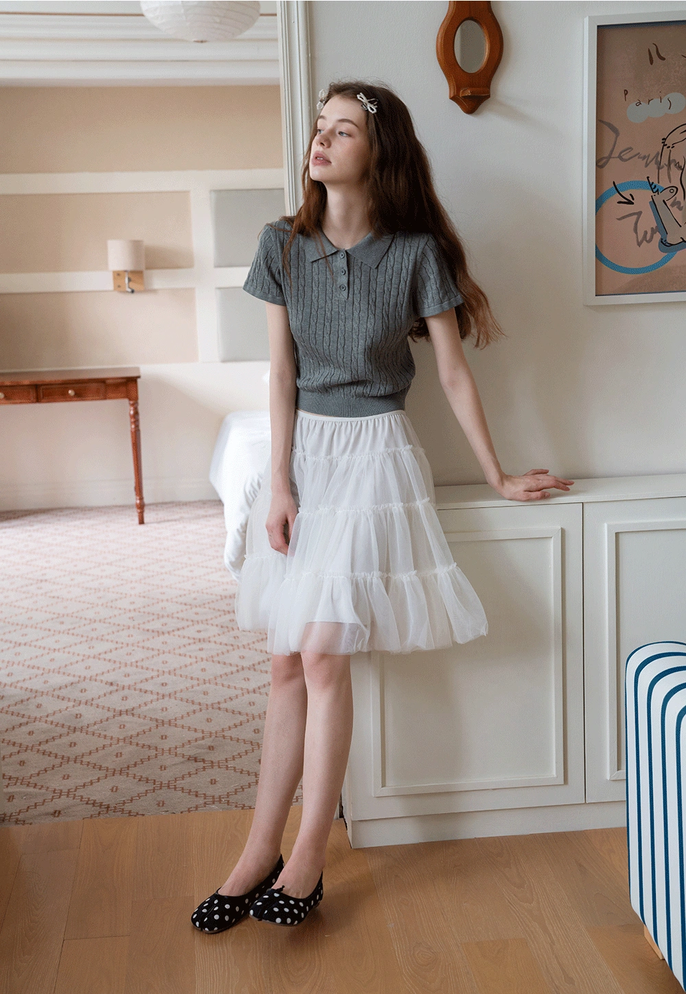 Women's Grey Ribbed Polo Shirt with Short Sleeves