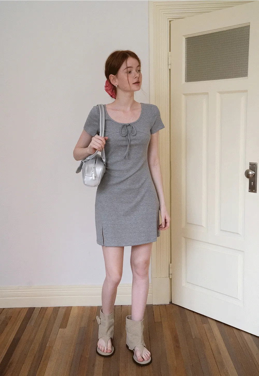 Bow Front Ruched Knit Mini Dress