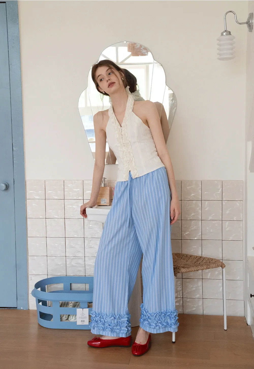 Striped Wide-Leg Pants with Ruffle Hem