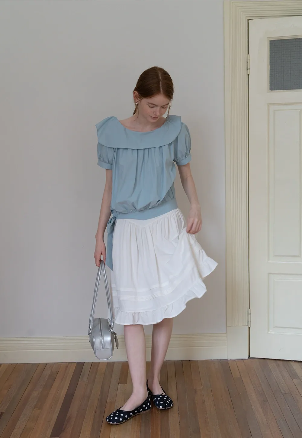 Off Shoulder Tie Front Blouse with Stylish Lapel