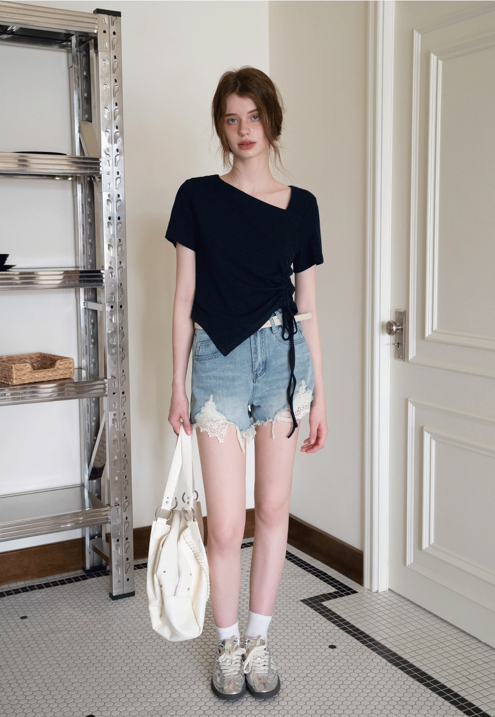 Women’s High‑Waist Ripped Lace Denim Shorts