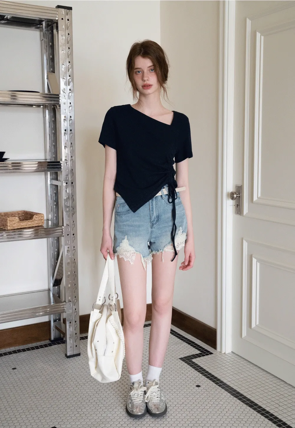 Women’s High‑Waist Ripped Lace Denim Shorts