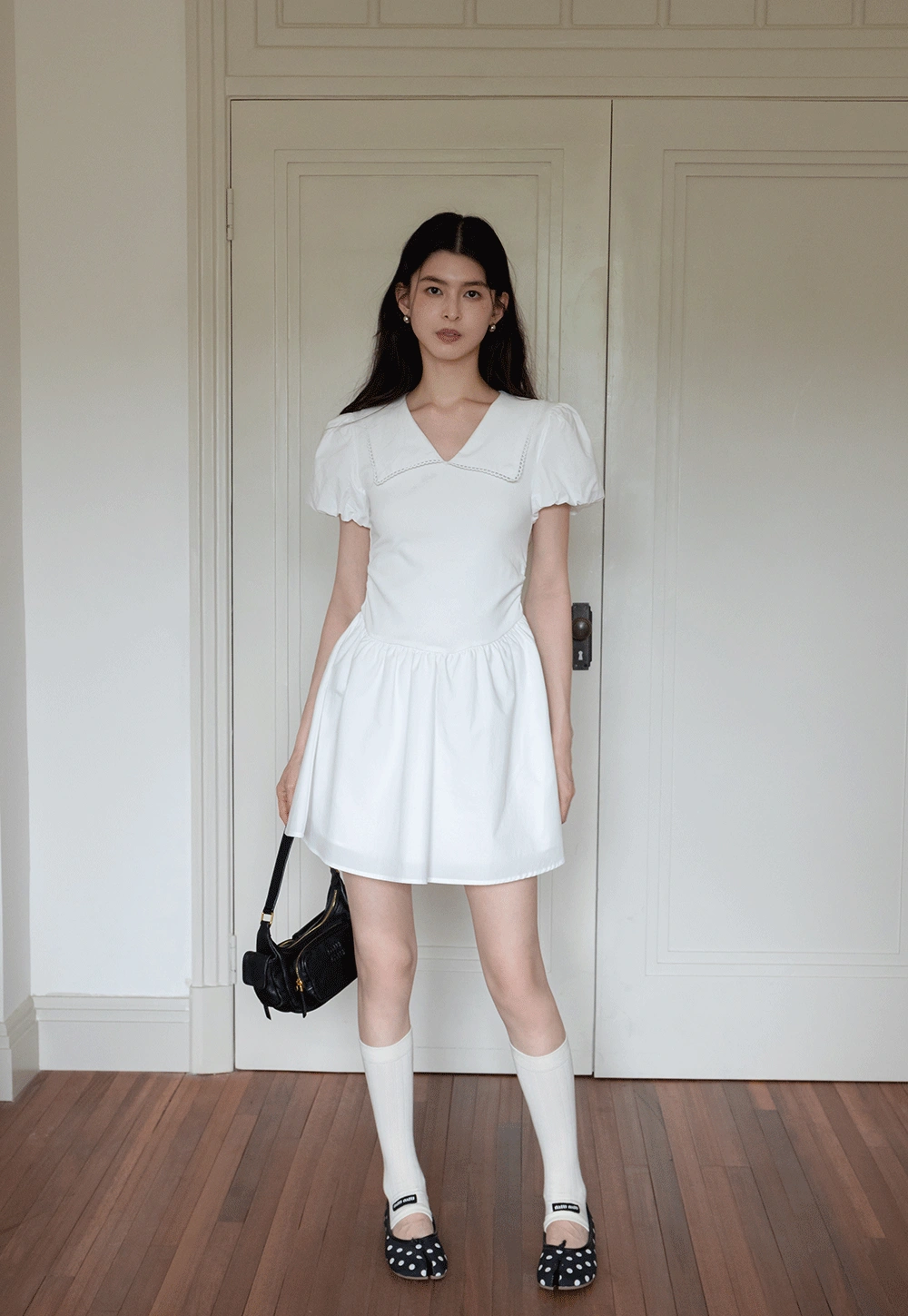 French V-Neck Puff Sleeve White Dress