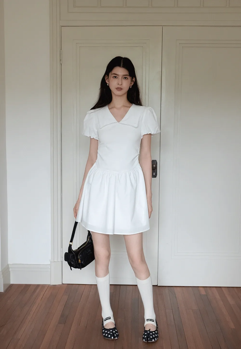 French V-Neck Puff Sleeve White Dress
