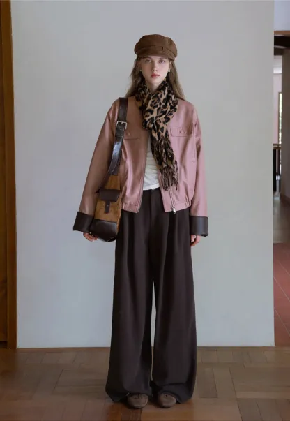 Womens Faux Leather Jacket with Zipper Front and Contrast Cuffs