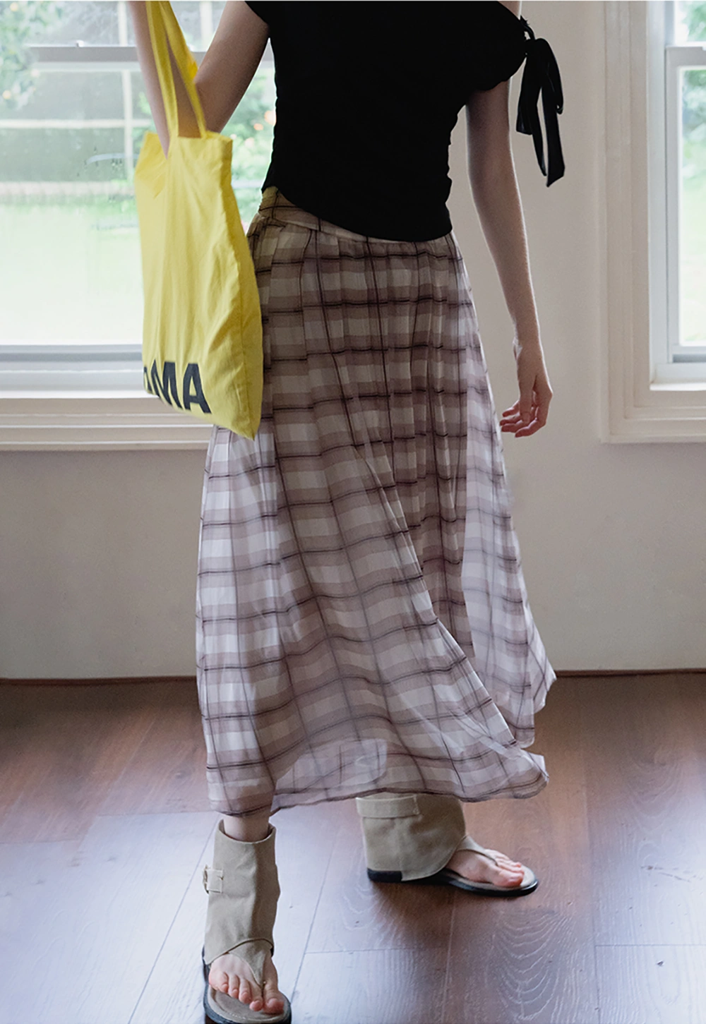 Women’s High Waist Plaid Chiffon Midi Skirt