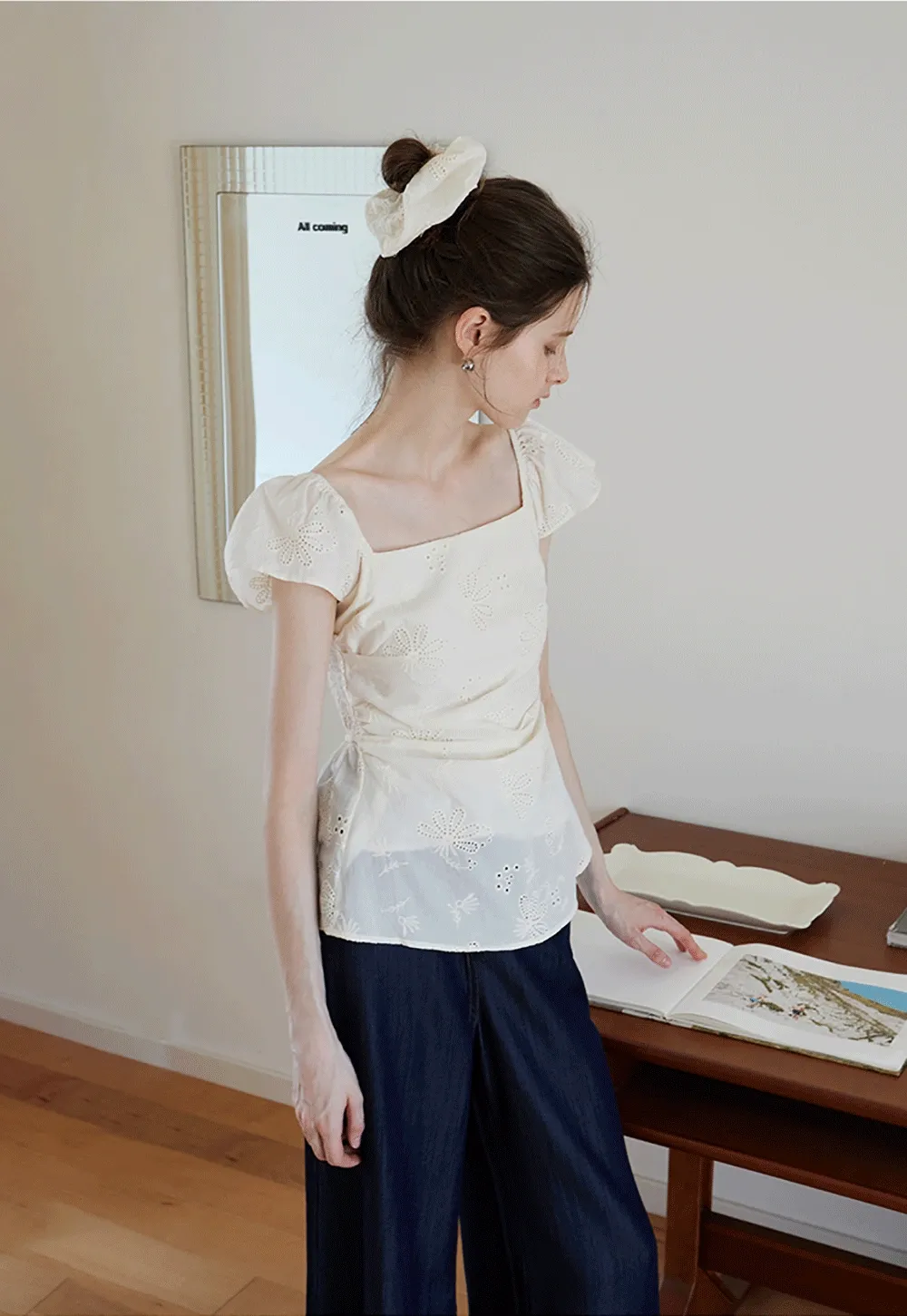 "Women’s Eyelet Embroidered Flutter Sleeve Blouse