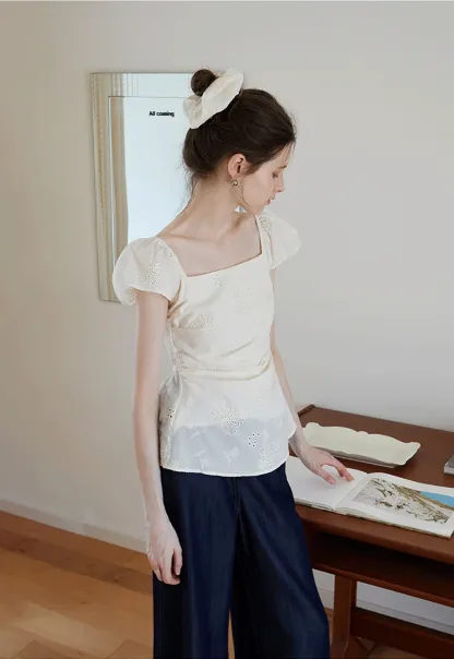 "Women’s Eyelet Embroidered Flutter Sleeve Blouse
