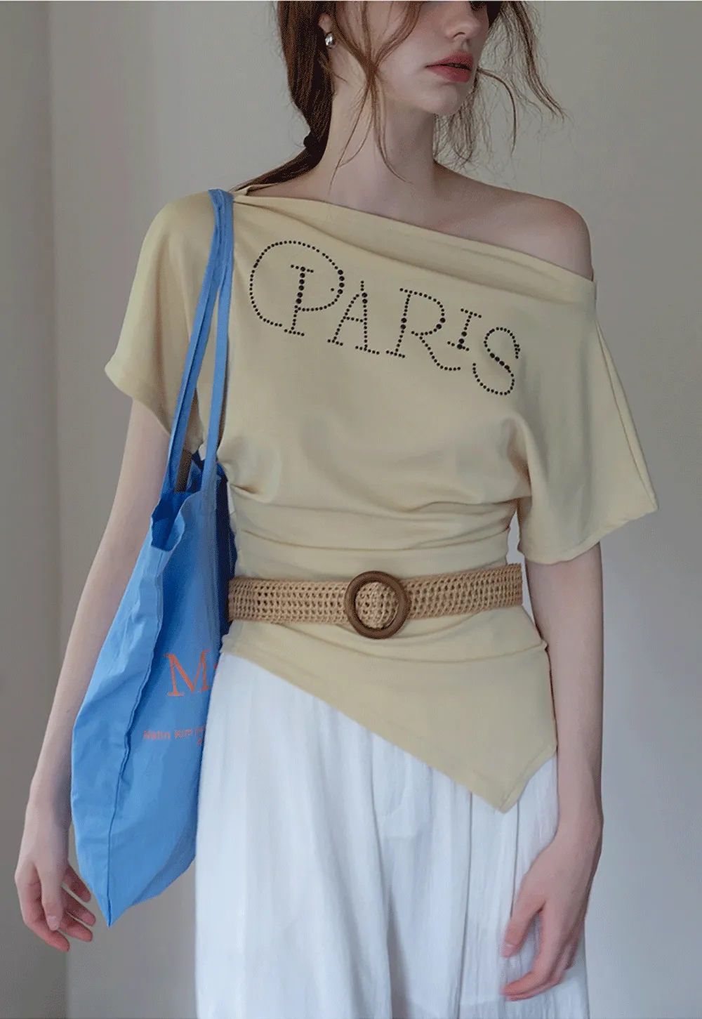 Asymmetric Off-Shoulder T-Shirt with Paris Rhinestone Lettering