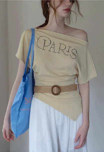 Asymmetric Off-Shoulder T-Shirt with Paris Rhinestone Lettering