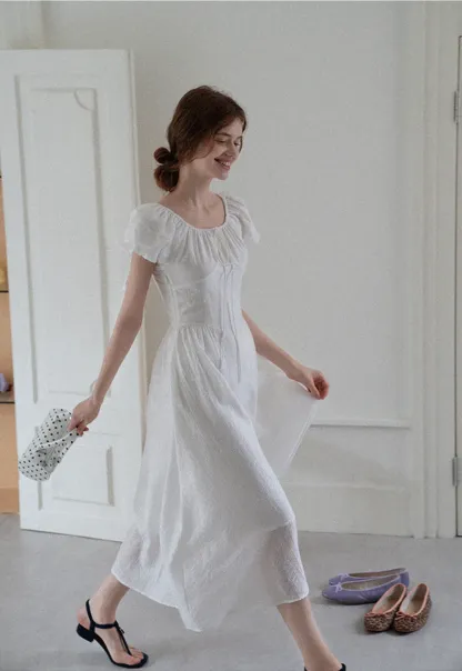 White Puff Sleeve Cottagecore Midi Dress