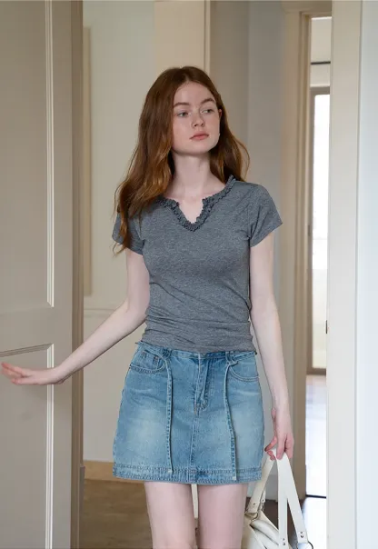 V-Ruffle Trim Fitted Top