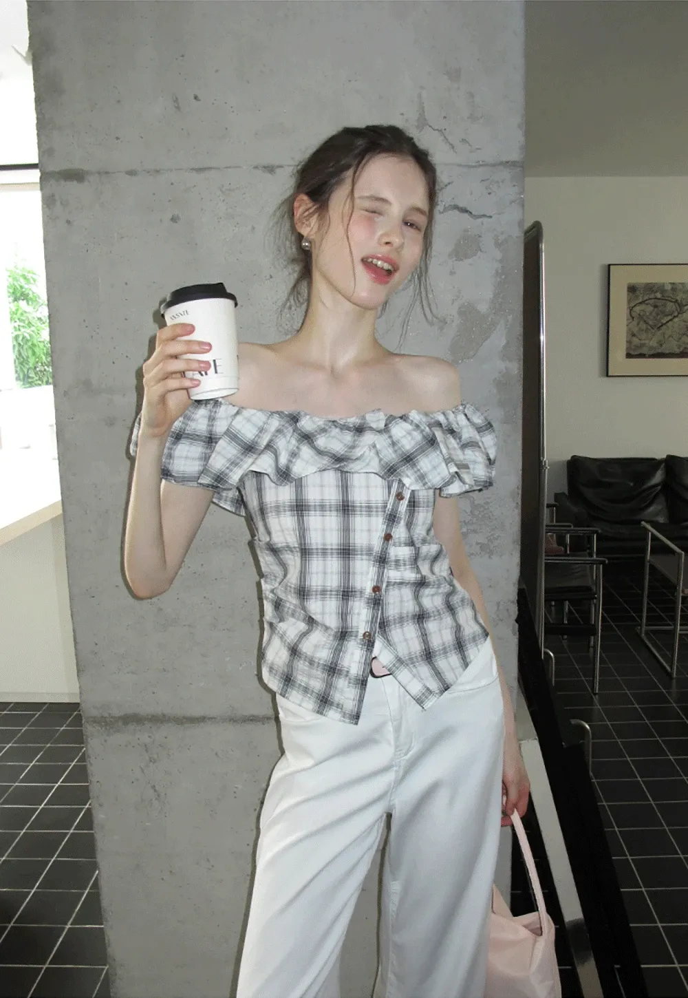 Off-Shoulder Plaid Ruffle Top