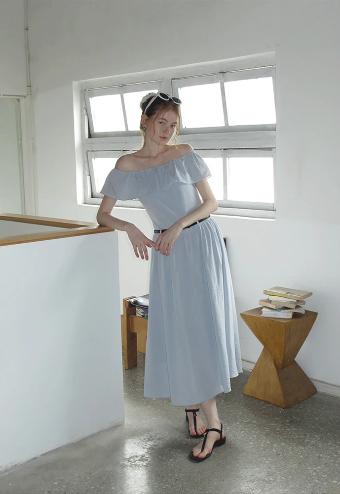 Women’s Off-Shoulder Ruffle Belted Midi Dress