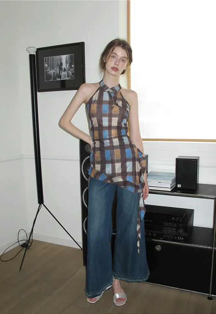 Women’s Plaid Frog-Button Handkerchief-Hem Halter Top