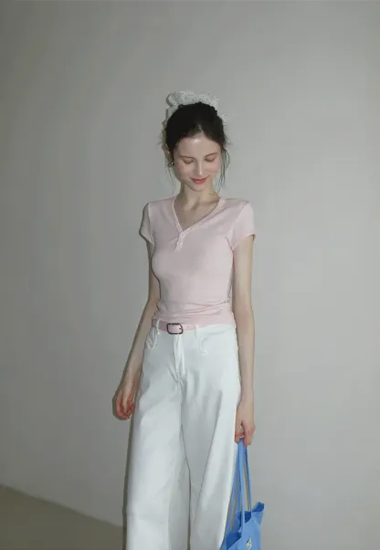 Women's V Neck Button Front Short Sleeve T-Shirt