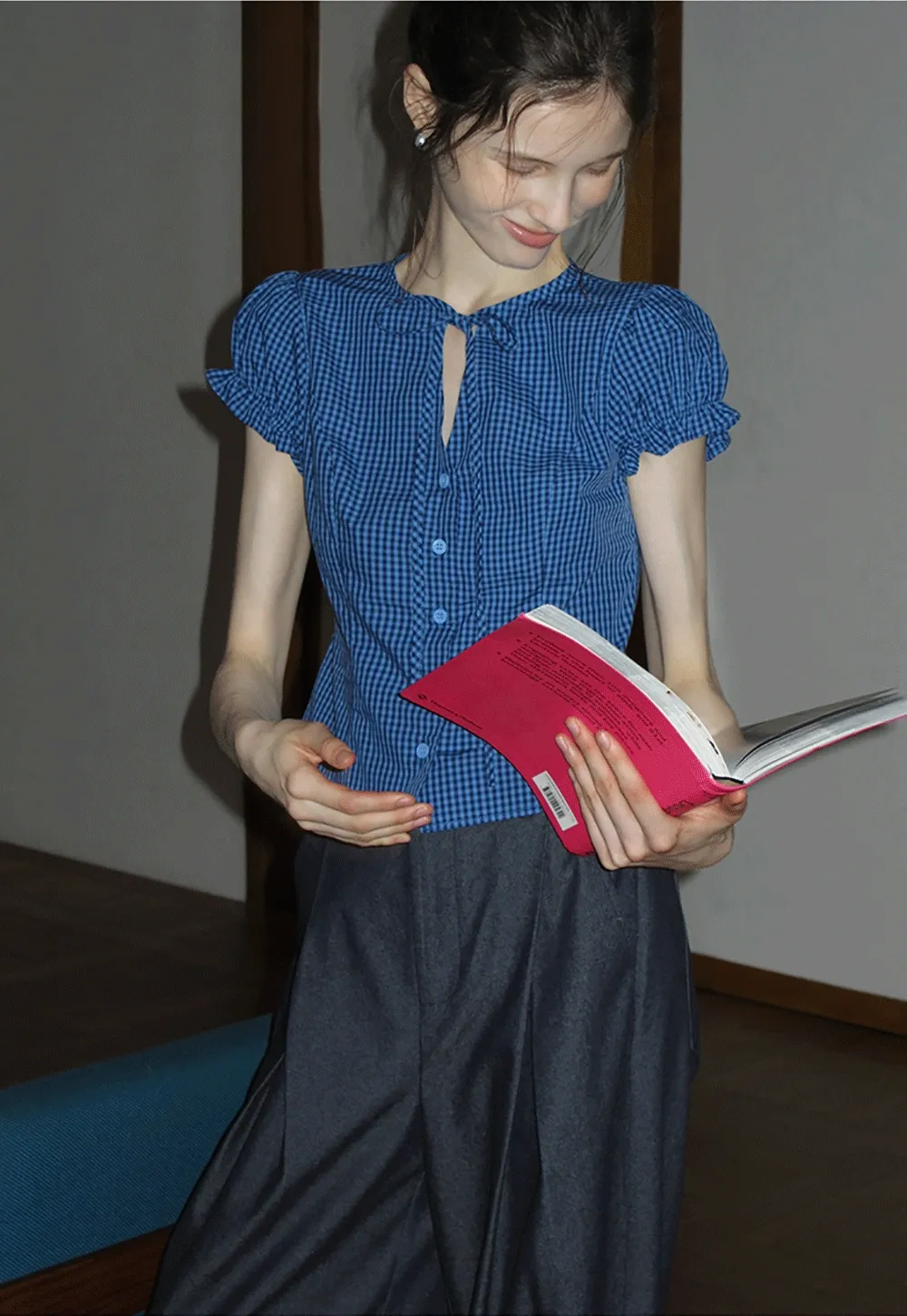 Gingham Puff Sleeve Blouse with Tie Neck