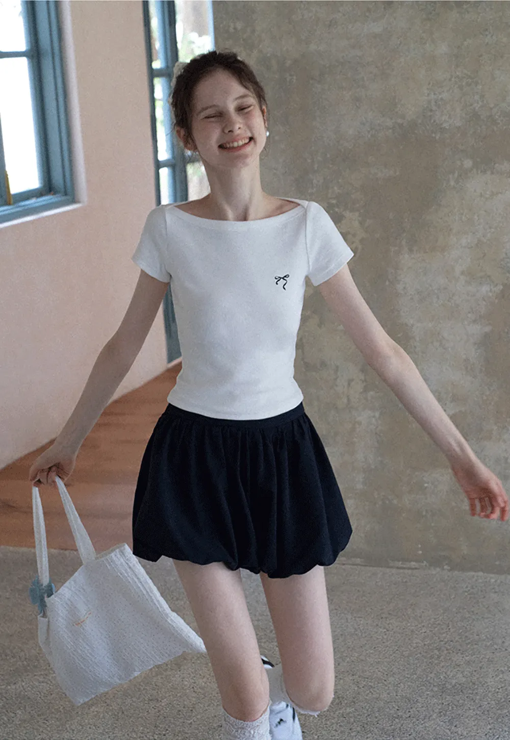 Women's Boat Neck Ribbed Tee with Embroidered Bow