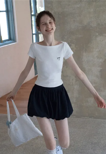 Women's Boat Neck Ribbed Tee with Embroidered Bow