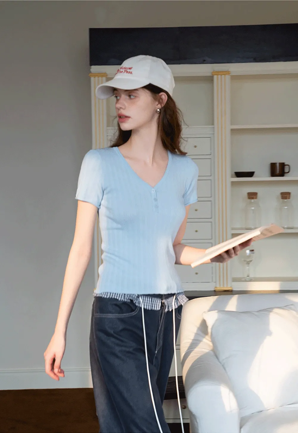 Ribbed V-Neck Buttoned Knit Top