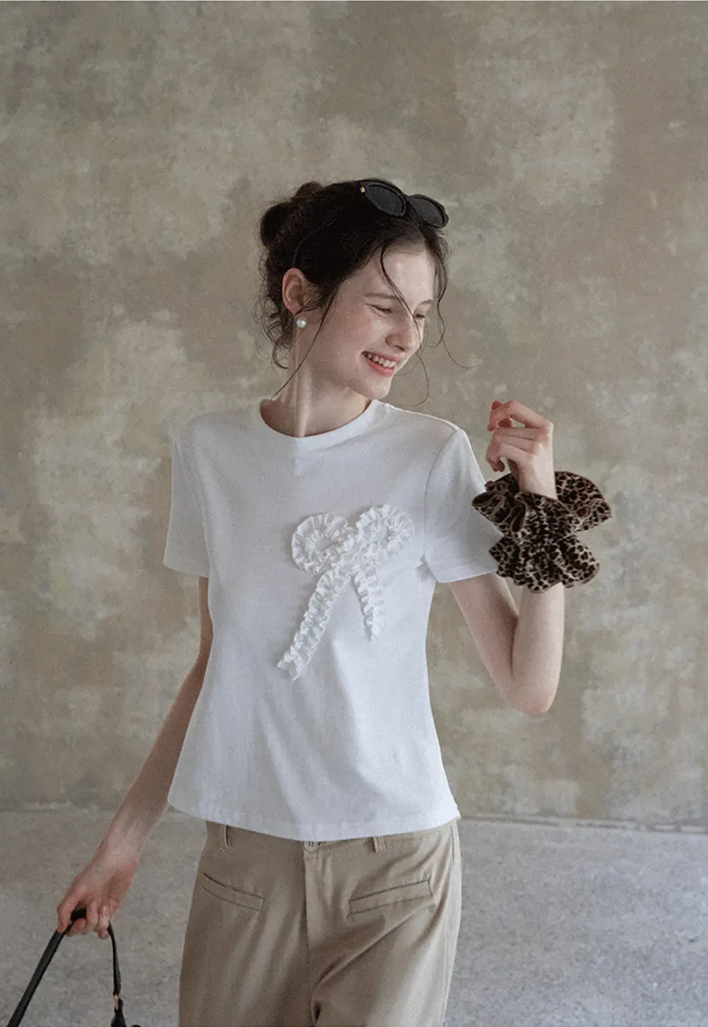 Women's Ruffled Bow Appliqué Cotton T-Shirt