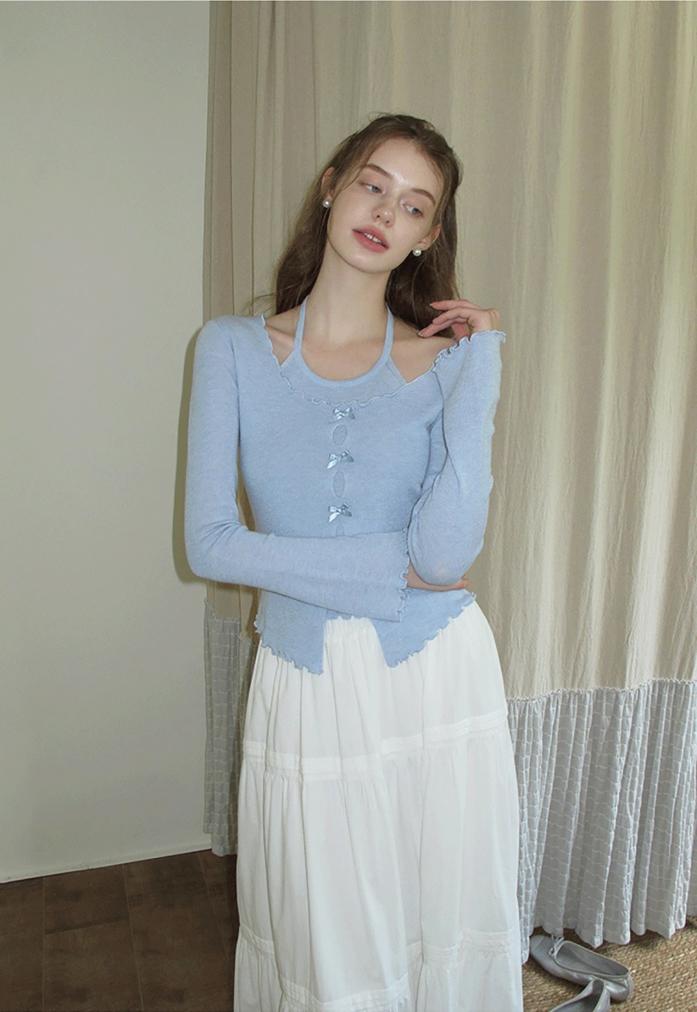 Women Long Sleeve Bow Front Split Hem Lettuce Trim Knit Top