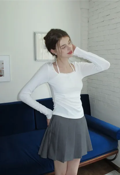 Long Sleeve Square Neck Halter Crop Top