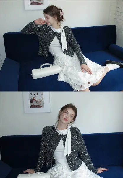 Polka Dot Ruffle Button-Up Cardigan