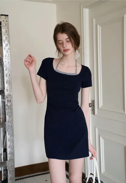 Women's Square Neck Halter Mini Dress with Ruched Waist