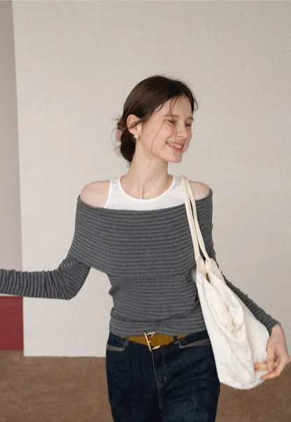 Spliced Faux Two-Piece Off-Shoulder Top