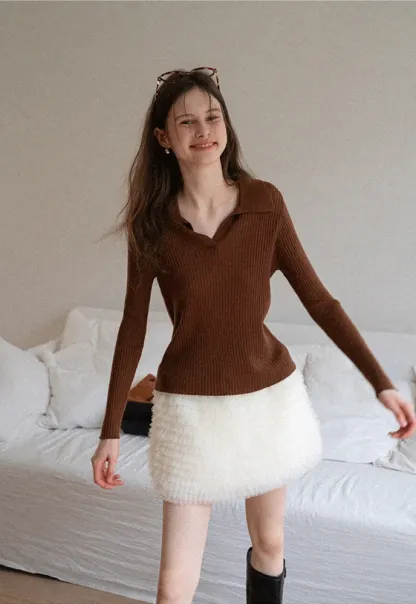 Ribbed Open-Collar Knit Top