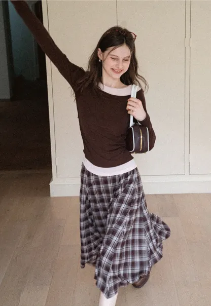 Women's Layered Boat Neck Long Sleeve Top