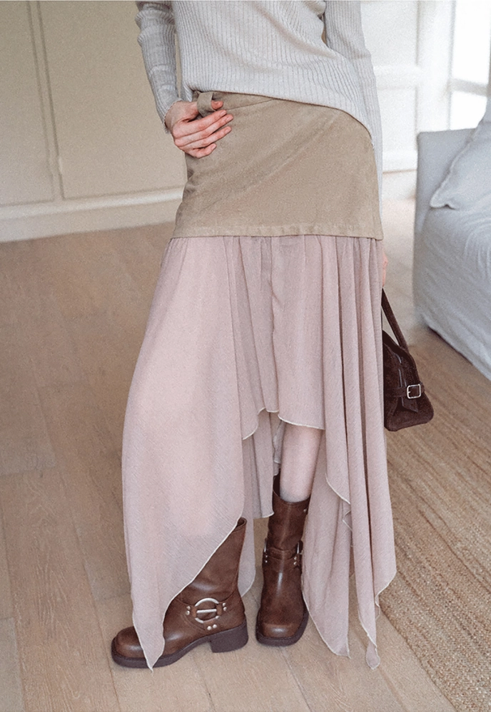 Patchwork Handkerchief-Hem Tie-Waist Skirt