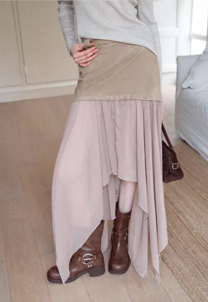 Patchwork Handkerchief-Hem Tie-Waist Skirt